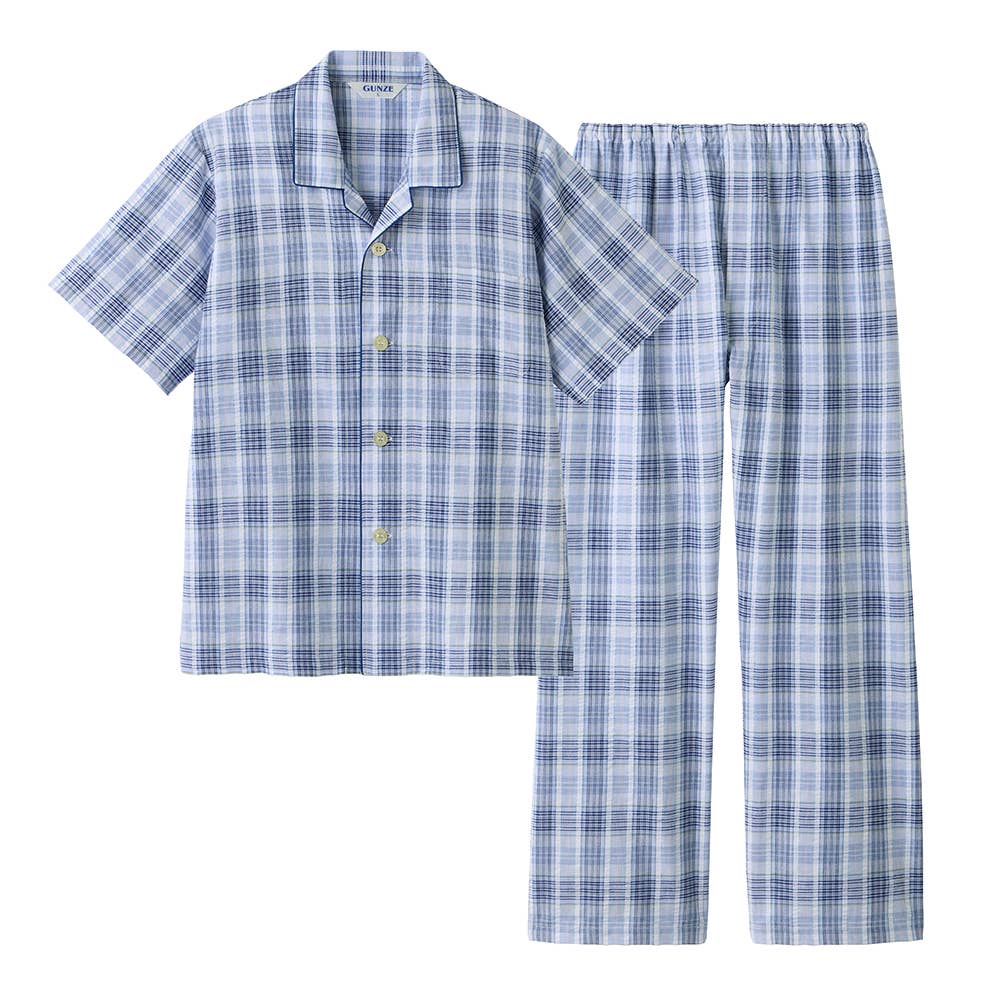 綿100％ 先染サッカー パジャマ 半袖長パンツ【SALE】 SF1045 ブルー