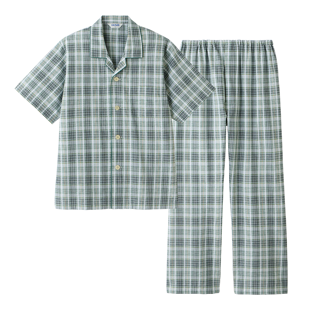 綿100％ 先染サッカー パジャマ 半袖長パンツ【SALE】 SF1045 グリーン