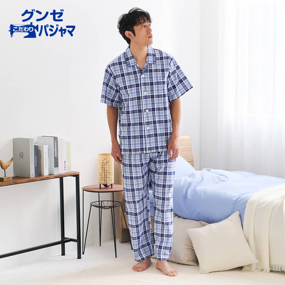 綿100％ 先染サッカー パジャマ 半袖長パンツ
