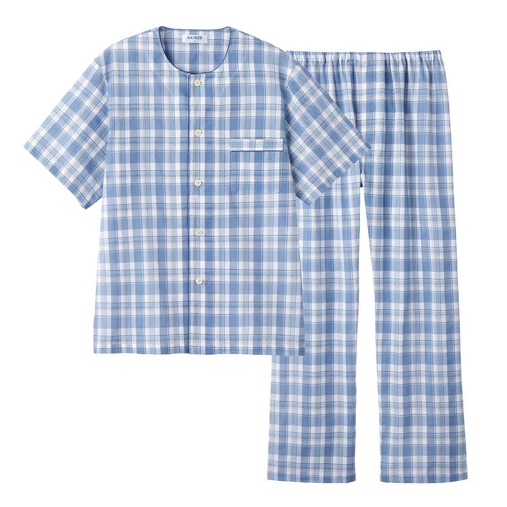 綿100％ 布帛 パジャマ 半袖長パンツ【SALE】 SF1075 ブルー