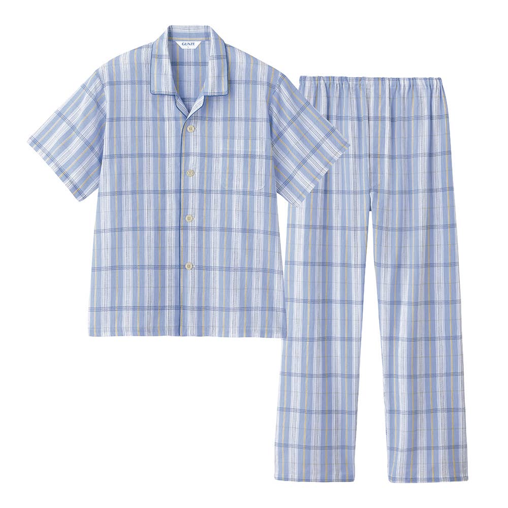綿100％ クレープ パジャマ 半袖長パンツ【送料無料】【SALE】 SF1095 ブルー