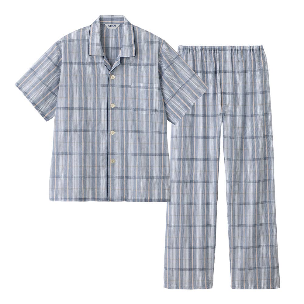 綿100％ クレープ パジャマ 半袖長パンツ【送料無料】【SALE】 SF1095 ネービーブルー