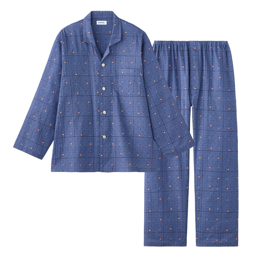綿100％ Wガーゼ パジャマ 長袖長パンツ SF2036 ネービーブルー