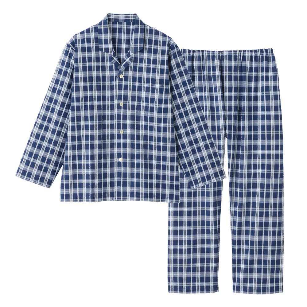 綿100％ 先染サッカー パジャマ 長袖長パンツ SF2046 ネービーブルー