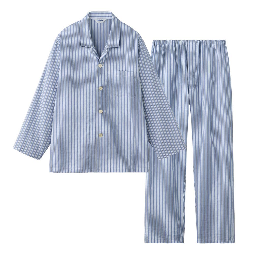 【部屋干しOK】綿100% ダブルガーゼ 長袖長パンツ パジャマ SF2106EC ブルー