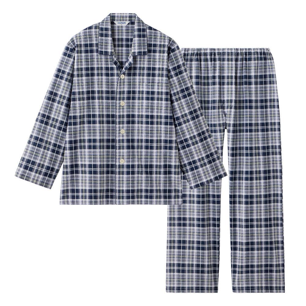 綿100％ 先染サッカー パジャマ 長袖長パンツ SF2126 ネービーブルー