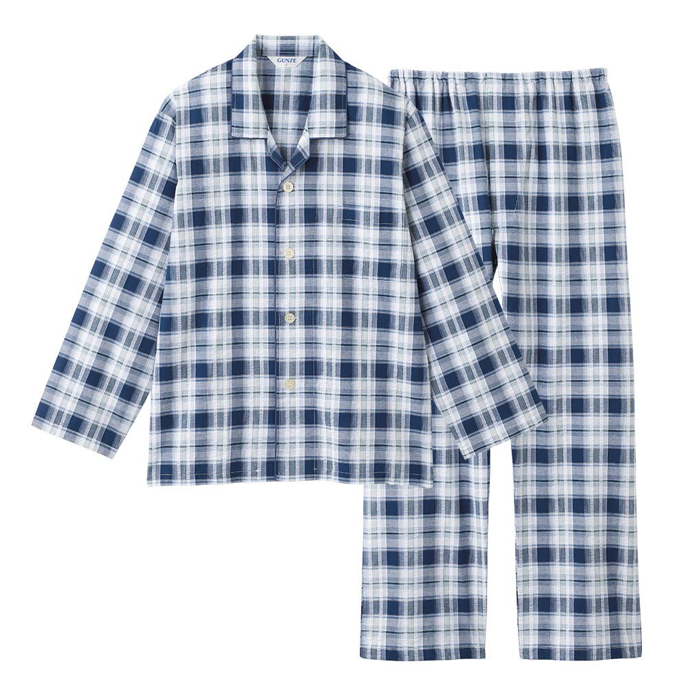 綿100％ 先染サッカー パジャマ 長袖長パンツ【SALE】 SF2165 ネービーブルー