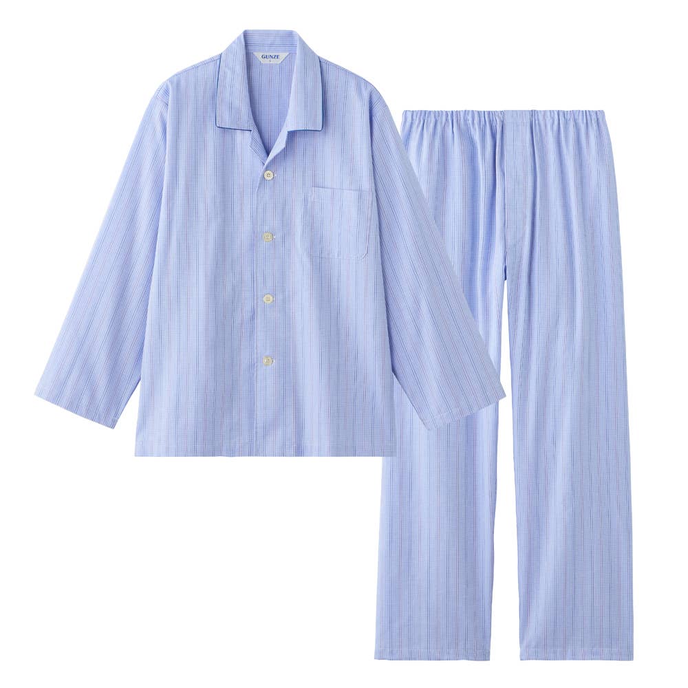 【播州織・日本製】綿100% 先染めドビー 長袖長パンツ パジャマ【送料無料】 SF2206 ブルー