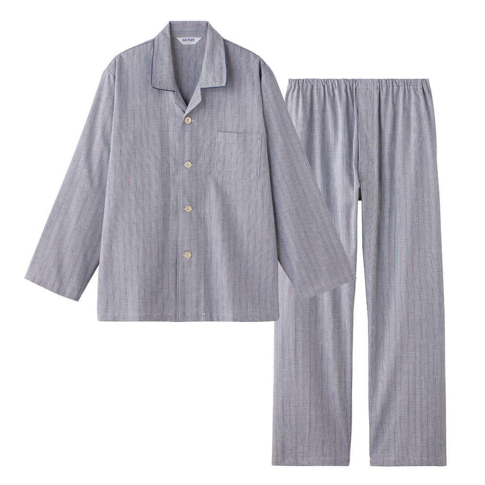 【播州織・日本製】綿100% 先染めドビー 長袖長パンツ パジャマ【送料無料】 SF2206 ネービーブルー