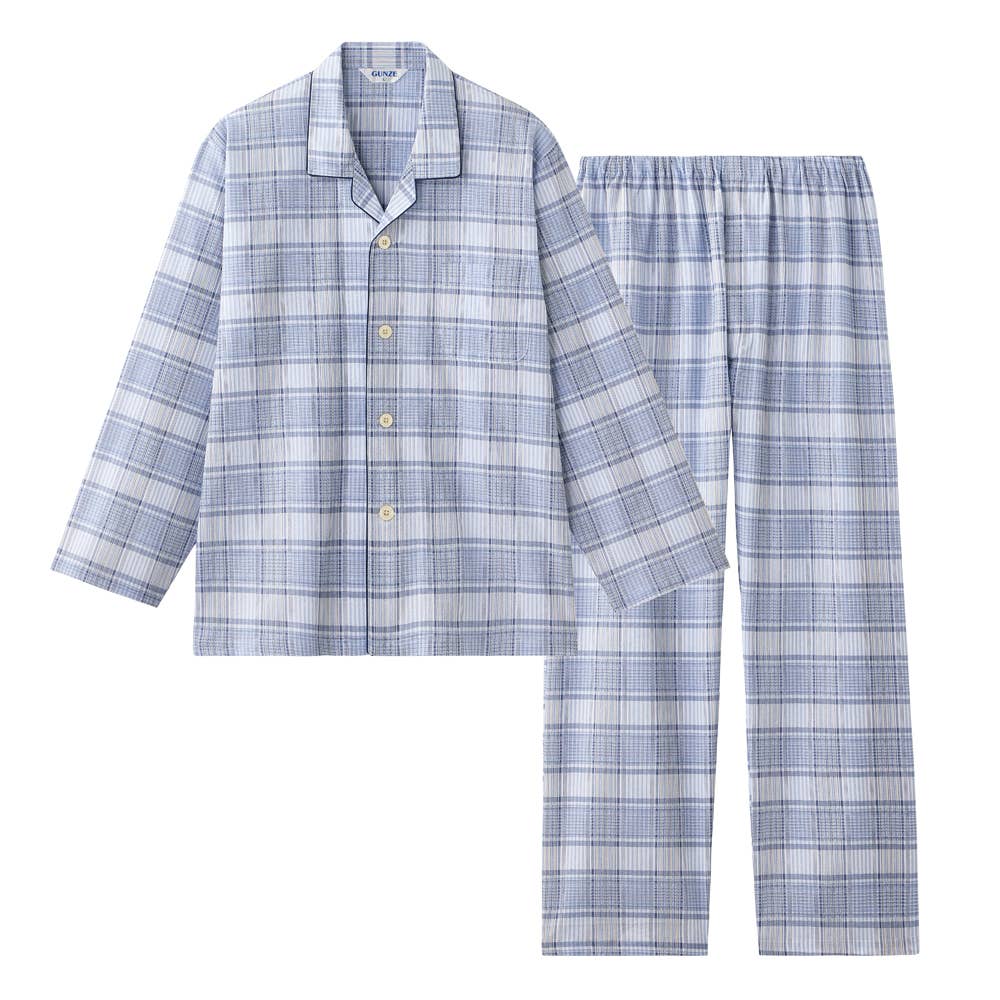 【高島ちぢみ・涼感】 綿100% クレープ 長袖長パンツ パジャマ【送料無料】 SF2216 ブルー