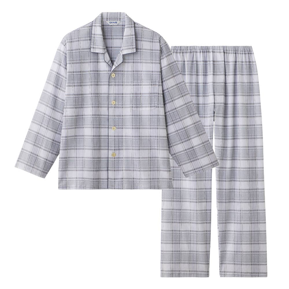 【高島ちぢみ・涼感】 綿100% クレープ 長袖長パンツ パジャマ【送料無料】 SF2216 グレー