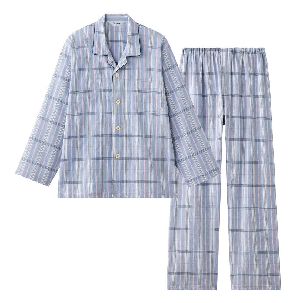 【高島ちぢみ・涼感】 綿100% クレープ 長袖長パンツ パジャマ【送料無料】 SF2226 ブルー