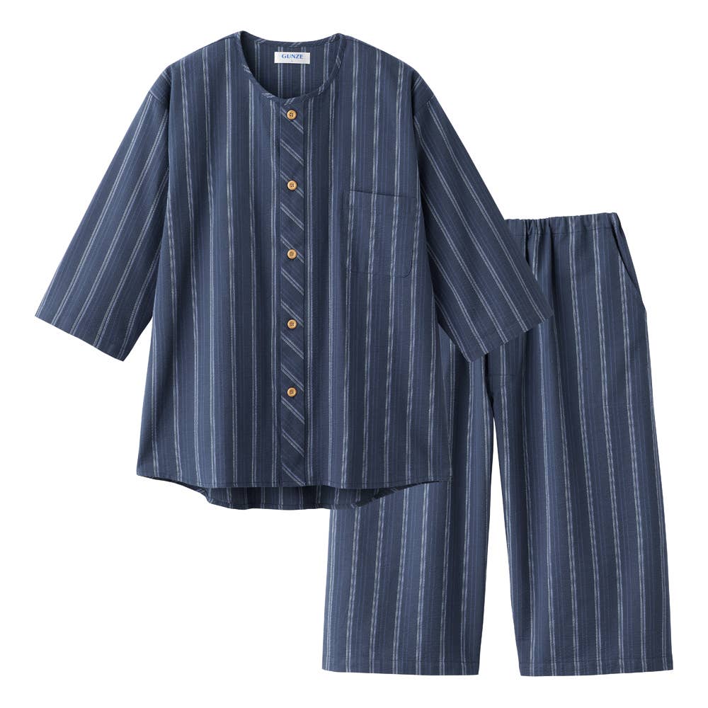 寝るテコ】綿100％ 先染めしじら パジャマ 7分袖7分丈パンツ