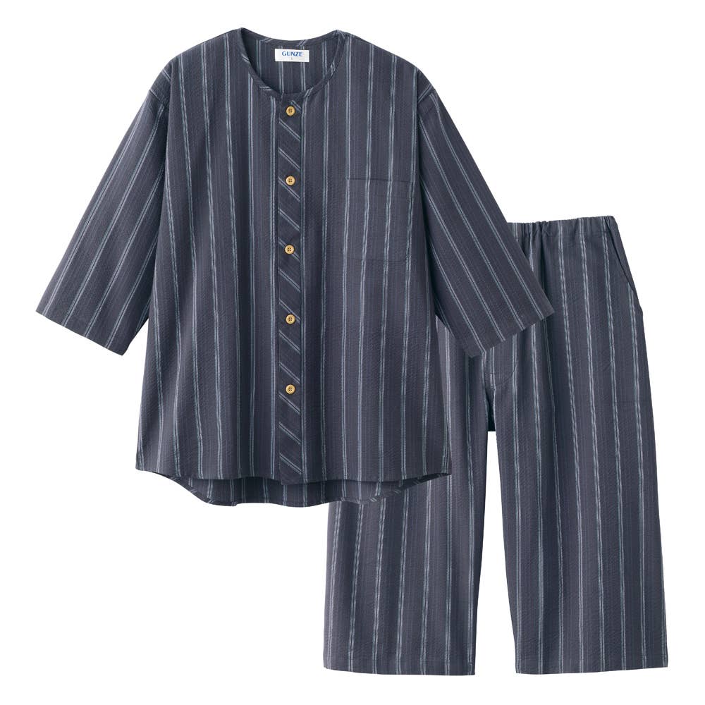 【寝るテコ】綿100％ 先染めしじら パジャマ ７分袖７分丈パンツ SF3025 グレー