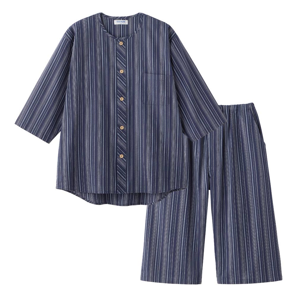 【寝るテコ・しじら織り】綿100% 7分袖7分丈 パジャマ SF3036 ネービーブルー