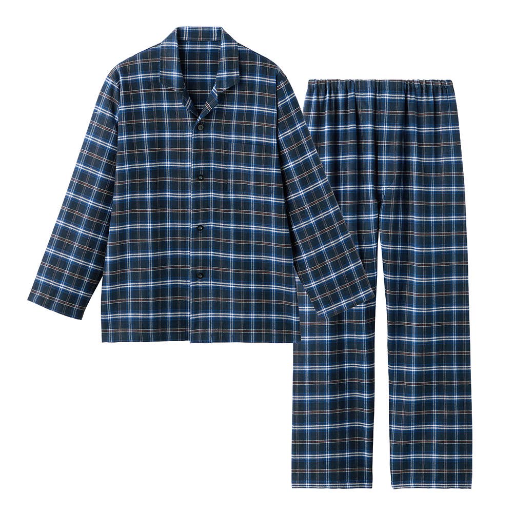 【脇縫い目無し・綿100%】ネル起毛 長袖長パンツ テーラーパジャマ【送料無料】 SF4085 ネービーブルー