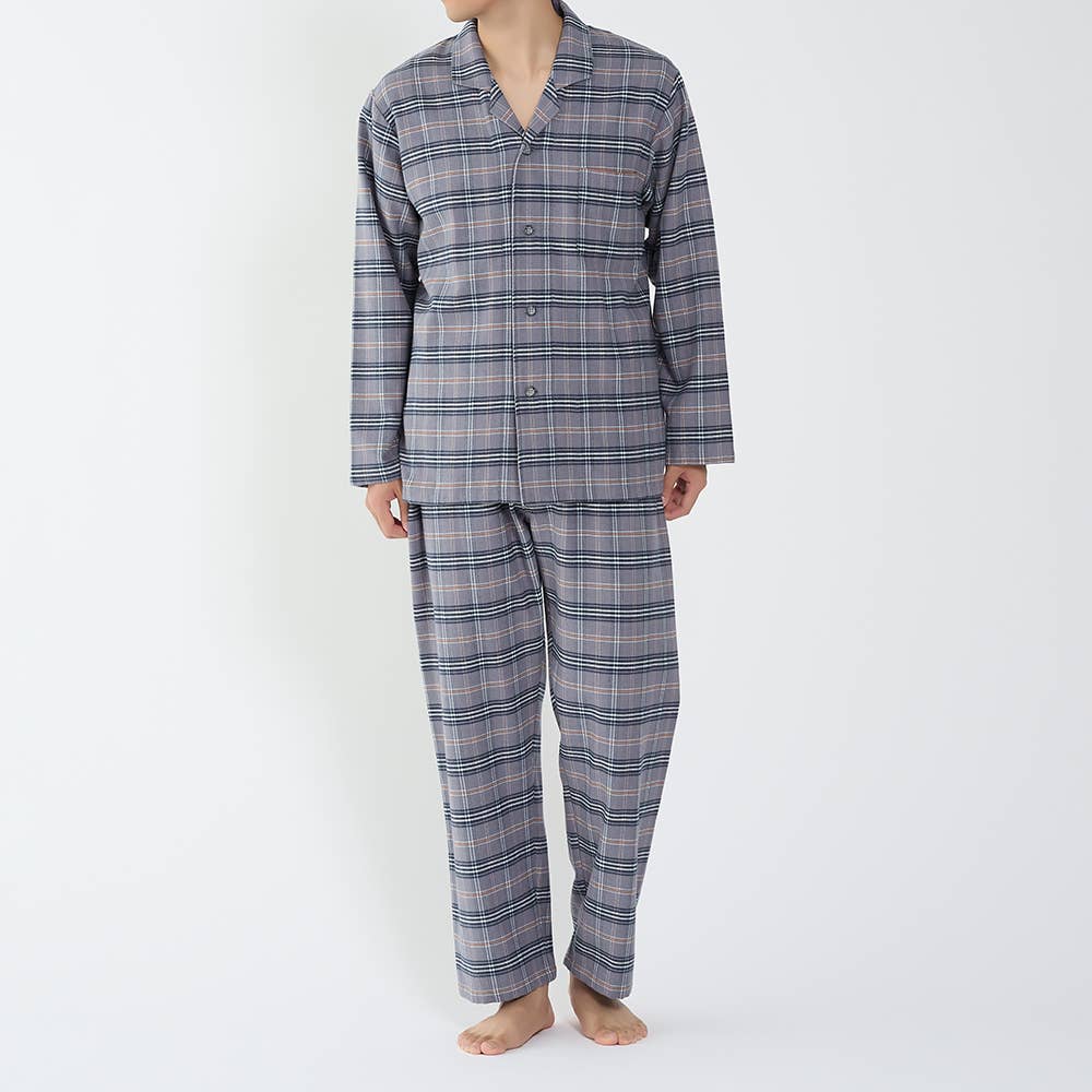 【脇縫い目無し・綿100%】ネル起毛 長袖長パンツ テーラーパジャマ【送料無料】 SF4085 グレー