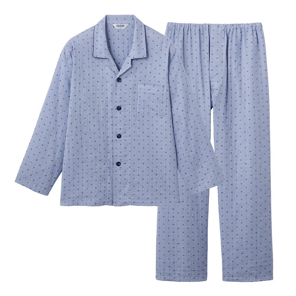【綿100％】Wガーゼ 長袖長パンツ テーラーパジャマ SF4095 ブルー