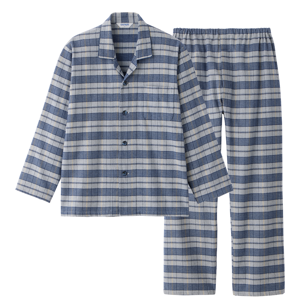 綿100％ 先染ネル起毛 長袖長パンツ【送料無料】 SF4314 ブルー