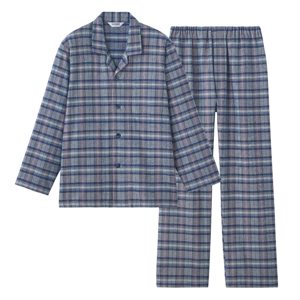 【播州織】ネル起毛 長袖長パンツ テーラーパジャマ【送料無料】 SF4315 ネービーブルー