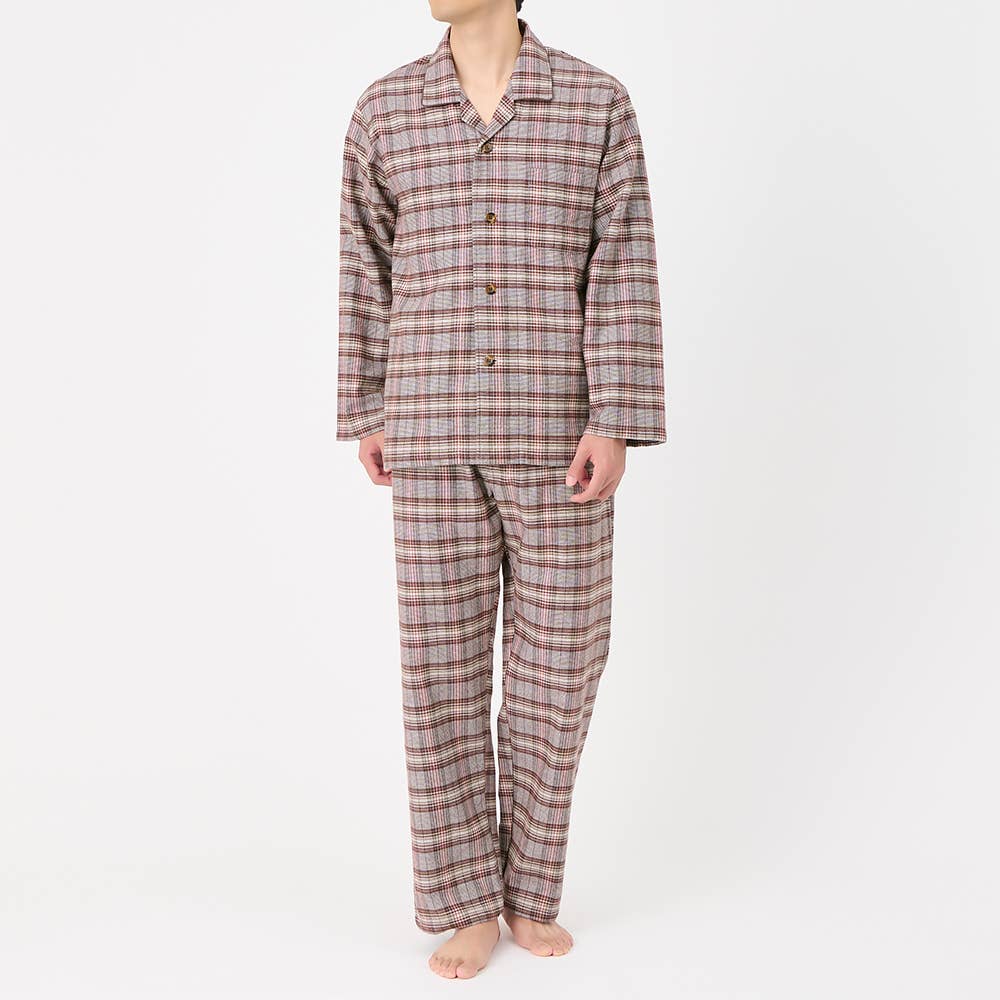 【播州織】ネル起毛 長袖長パンツ テーラーパジャマ【送料無料】 SF4315 ブラウン