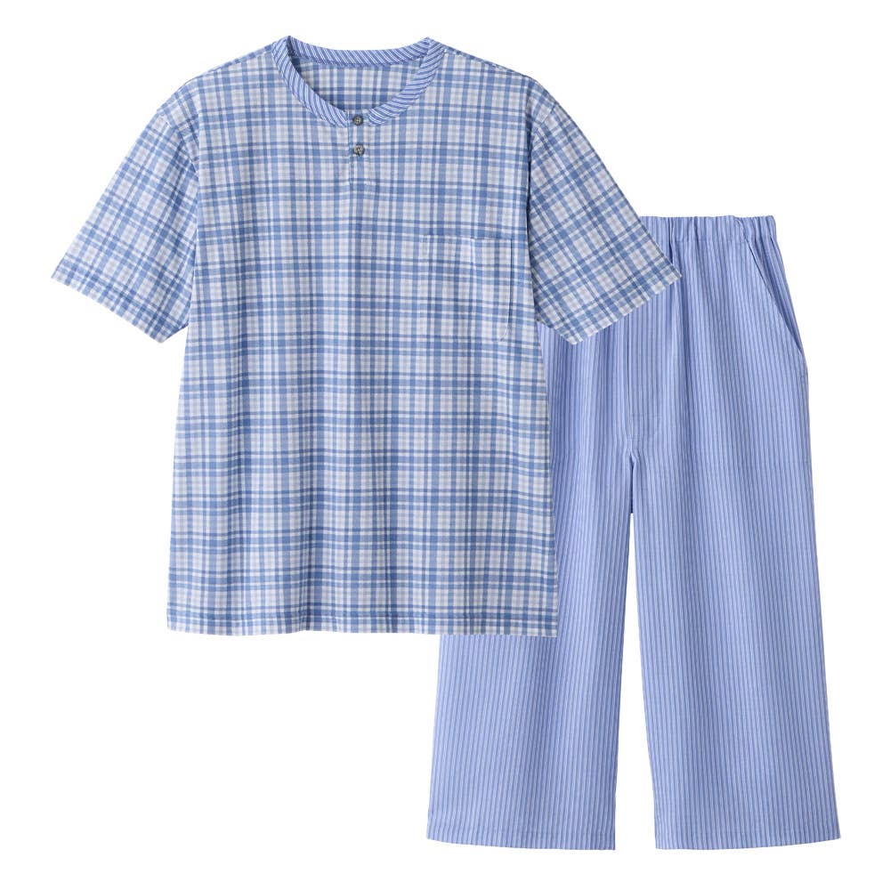 綿混 ルームウェア 半袖７分丈パンツ【SALE】 SG1015 ブルー