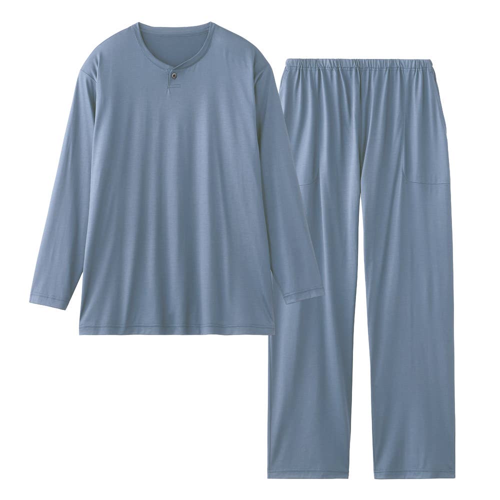 【真絲100%】 平針織長袖長褲家居服 【包郵】 SG2066藍色