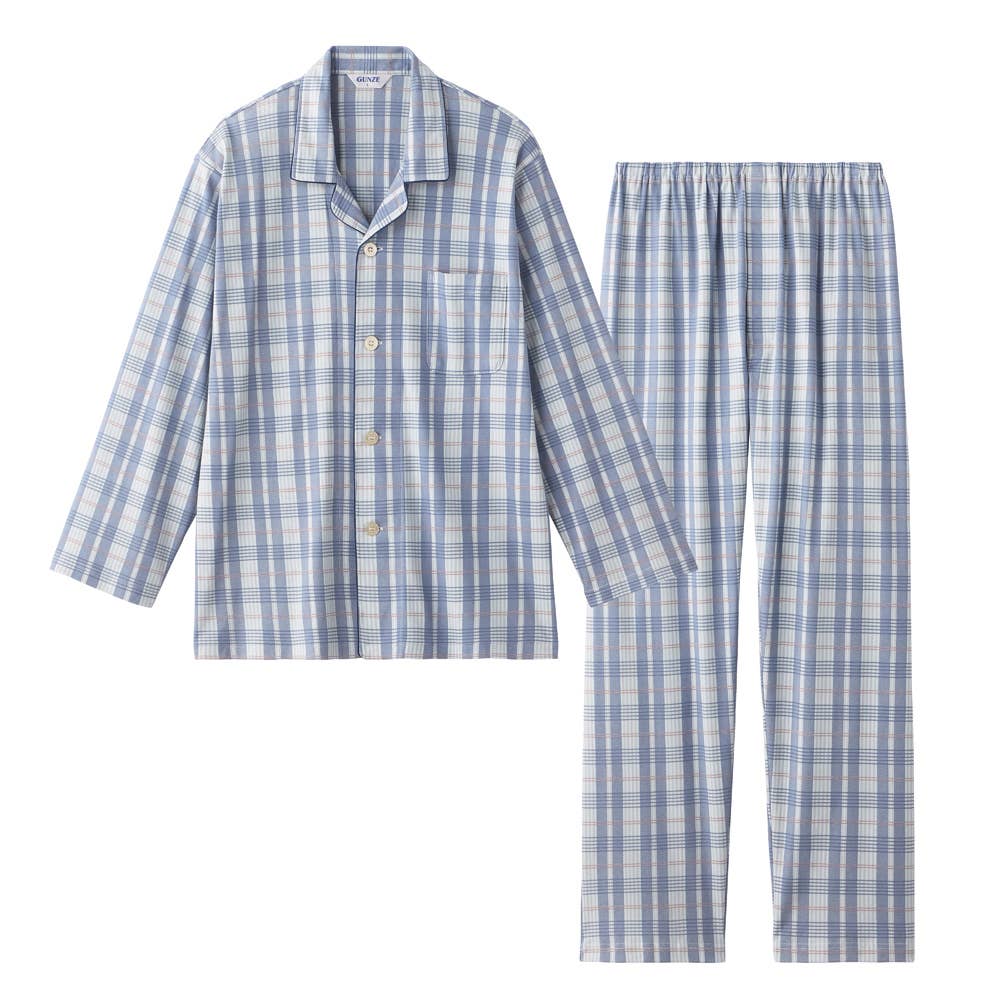 【部屋干しOK】綿100％ スムース 長袖長パンツ パジャマ SG2076 ブルー