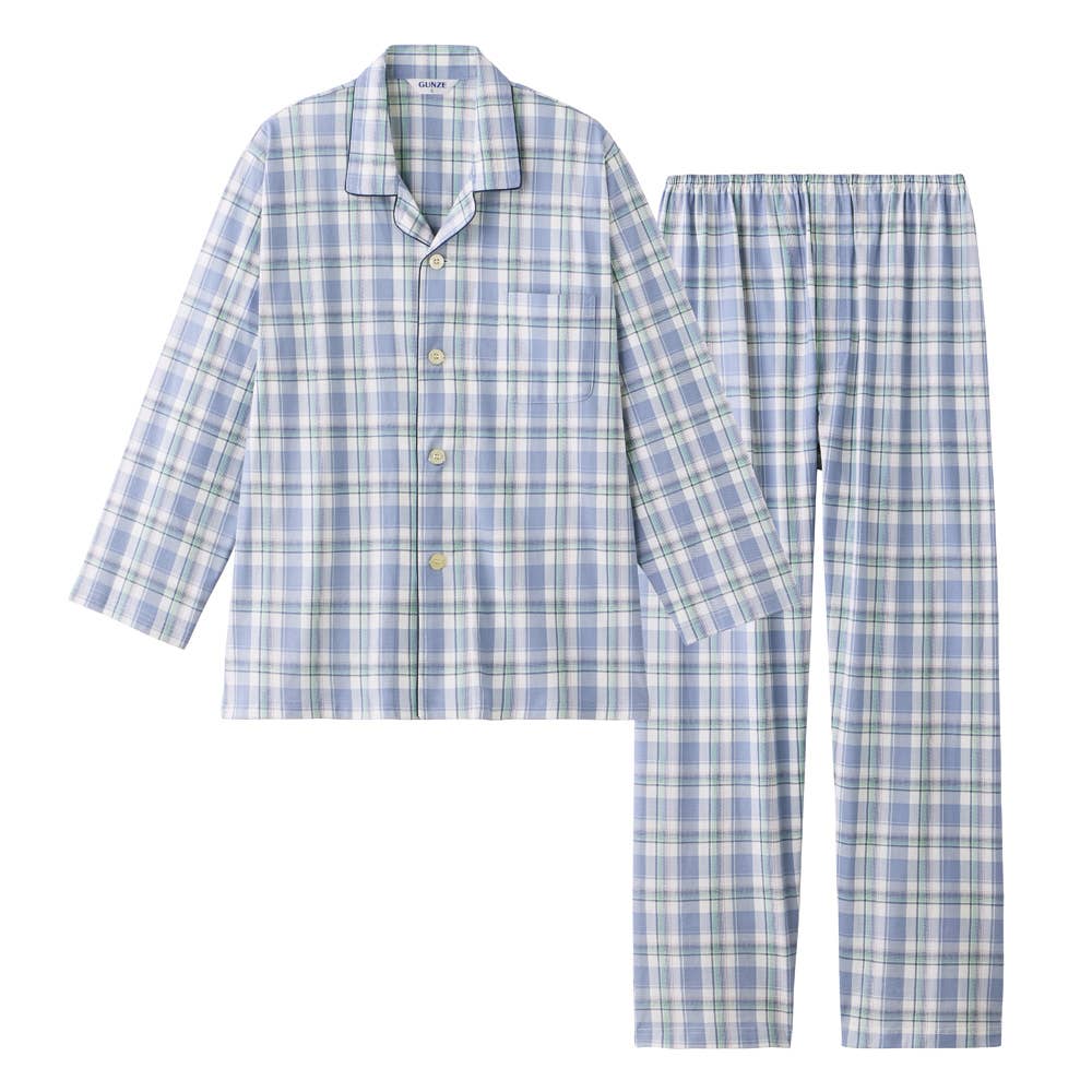 【部屋干しOK】綿100％ 天竺 長袖長パンツ パジャマ SG2096 ブルー