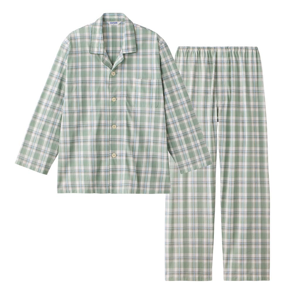 【部屋干しOK】綿100％ 天竺 長袖長パンツ パジャマ SG2096 グリーン
