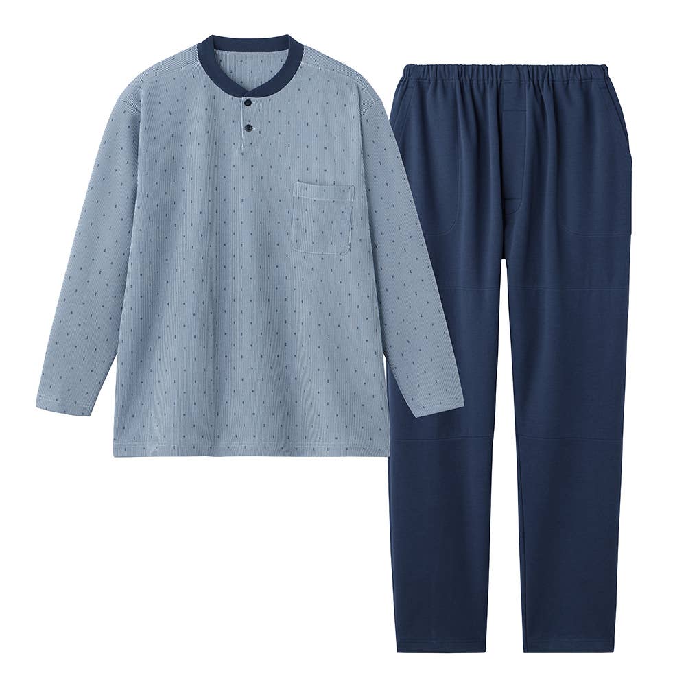 【WARM PLUS・肩もも保温】ダンボールニット 長袖長パンツ ルームウェア SG4035 ネービーブルー