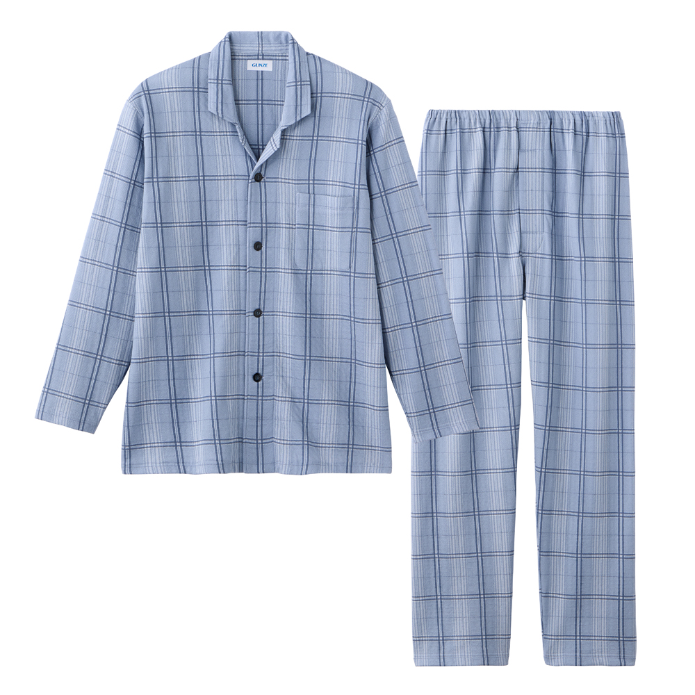 【脇縫い目無し・肌側綿100%】 ソフトキルト 長袖長パンツ テーラーパジャマ SG4075EC ネービーブルー