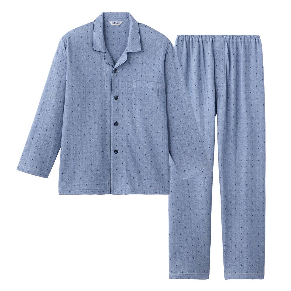 【肌側綿100%】ソフトキルト 長袖長パンツ テーラーパジャマ SG4125EC ブルー