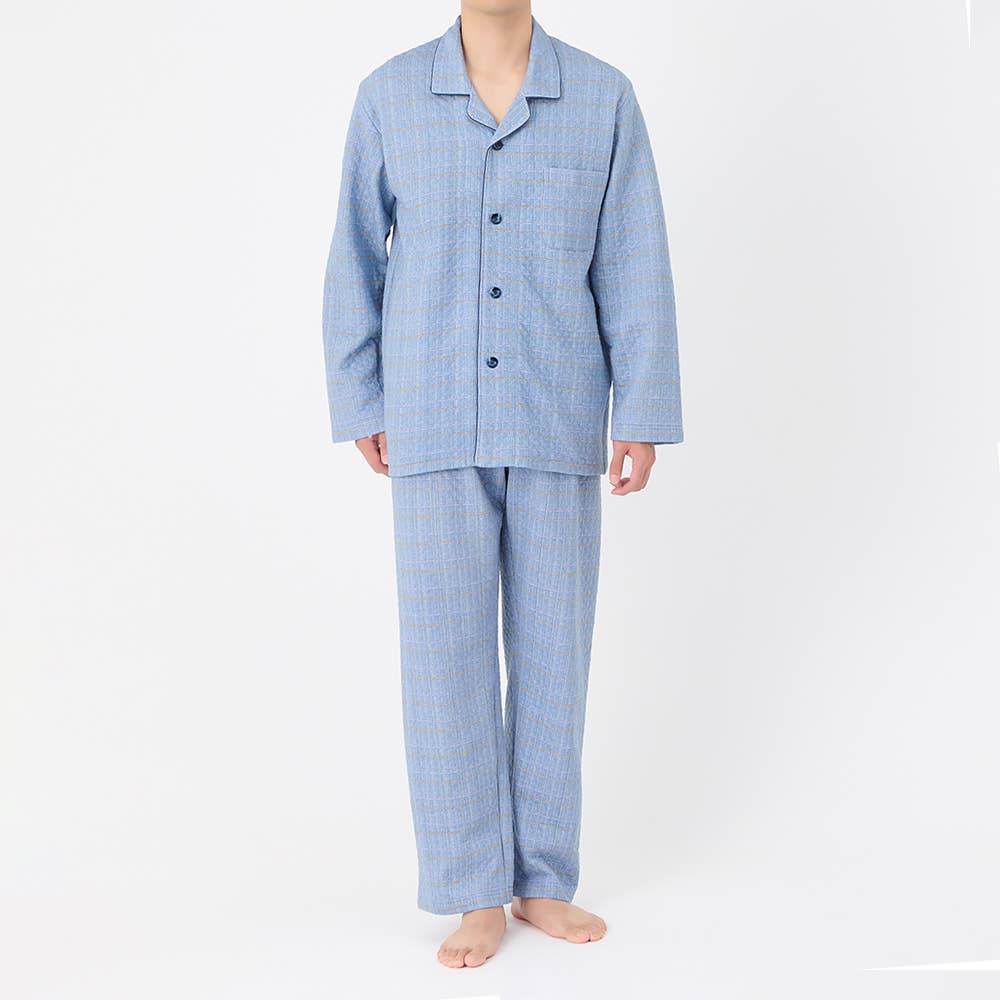 【混棉】 菱形絎縫長袖長褲西裝睡衣SG4135EC藍