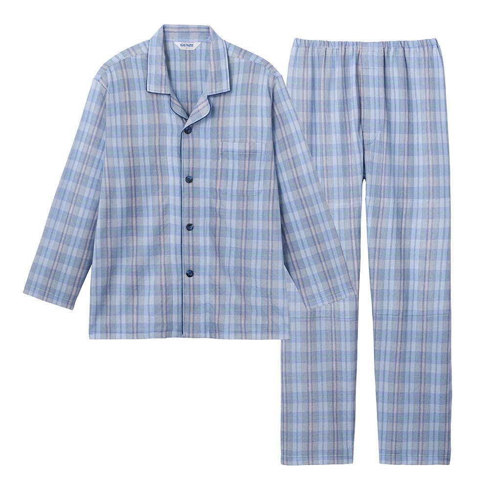 【肩ももＷ保温】ソフトキルト 長袖長パンツ テーラーパジャマ SG4165 ブルー