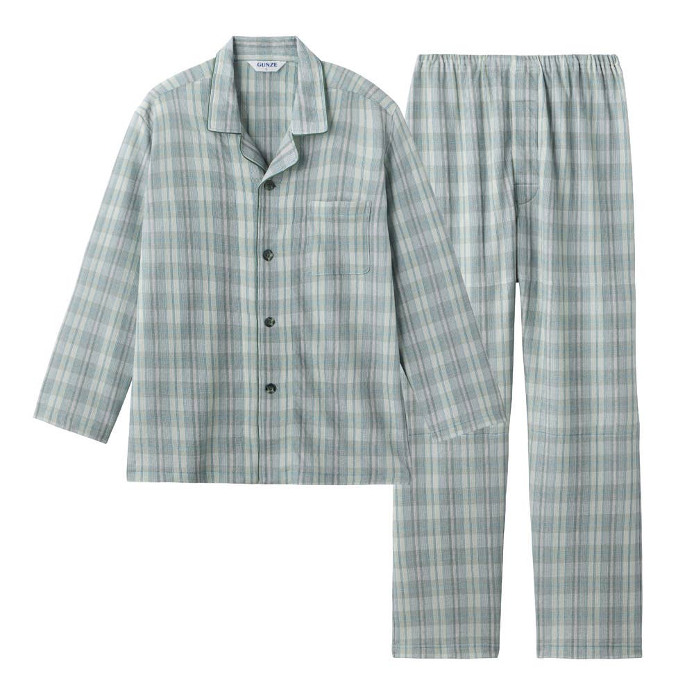 【肩ももＷ保温】ソフトキルト 長袖長パンツ テーラーパジャマ SG4165 グリーン