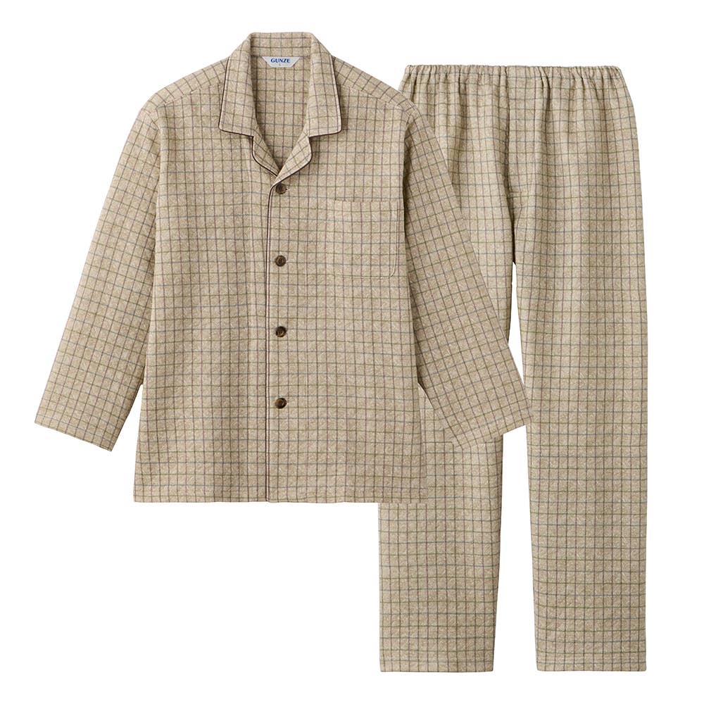 【肩・もも・腰 保温】ダイヤ柄キルト 長袖長パンツ テーラーパジャマ SG4193 ブラウン