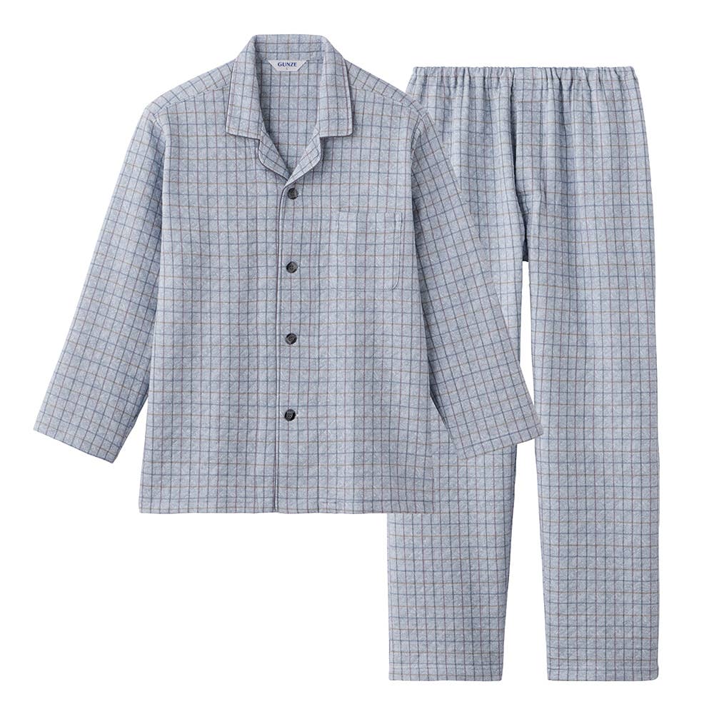 【肩・もも・腰 保温】ダイヤ柄キルト 長袖長パンツ テーラーパジャマ SG4193 グレー