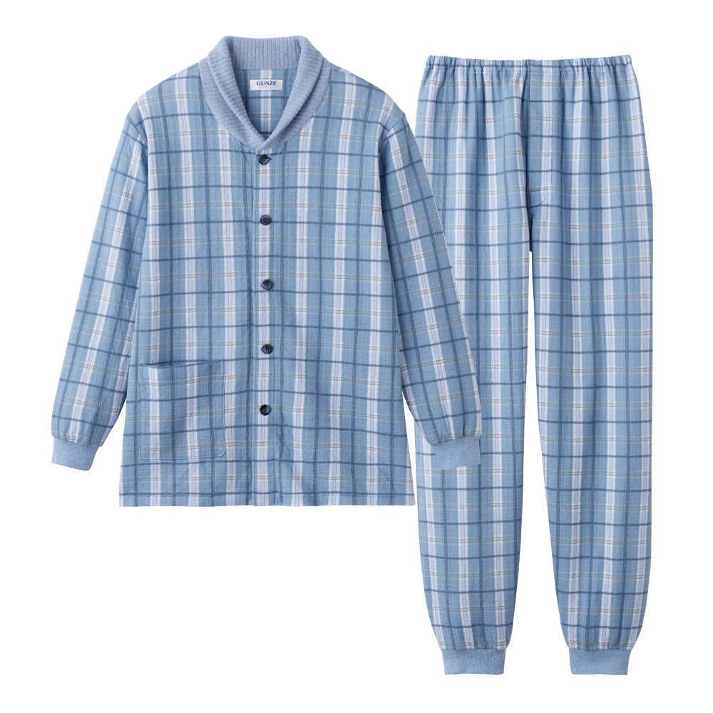【襟元保温】ソフトキルト 長袖長パンツ パジャマ SG4215EC ブルー