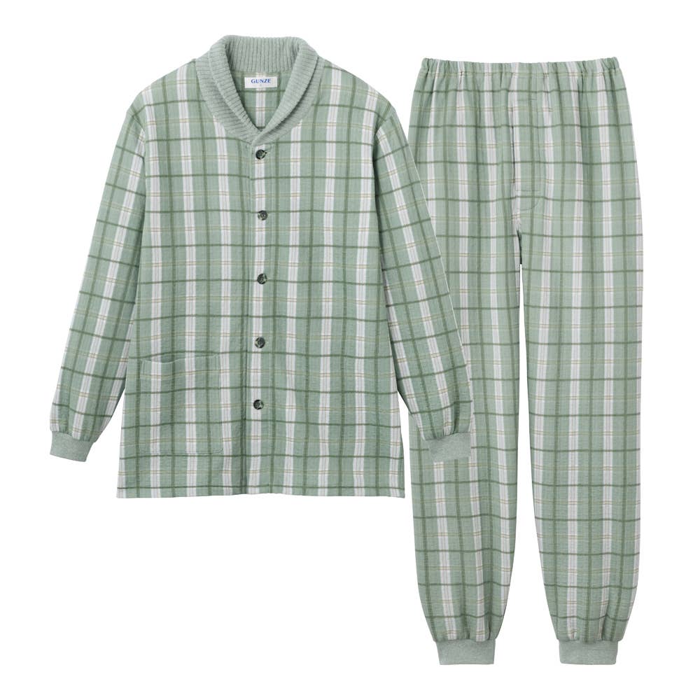 【襟元保温】ソフトキルト 長袖長パンツ パジャマ SG4215EC グリーン