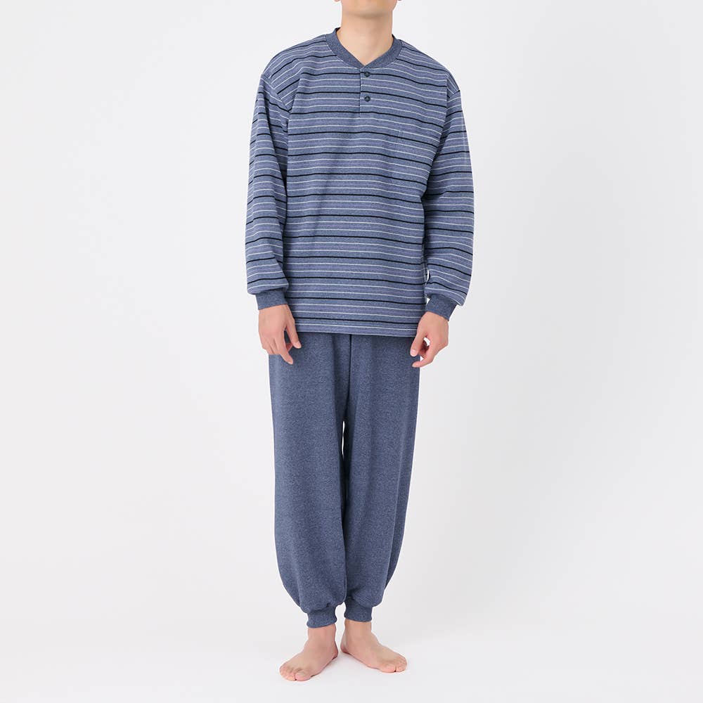 【極暖】パイル裏起毛 長袖長パンツ ボーダー柄ルームウェア【送料無料】 SG4285 ブルー