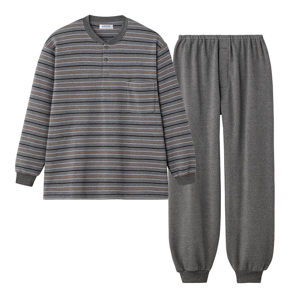 【極暖】パイル裏起毛 長袖長パンツ ボーダー柄ルームウェア【送料無料】 SG4285 グレー