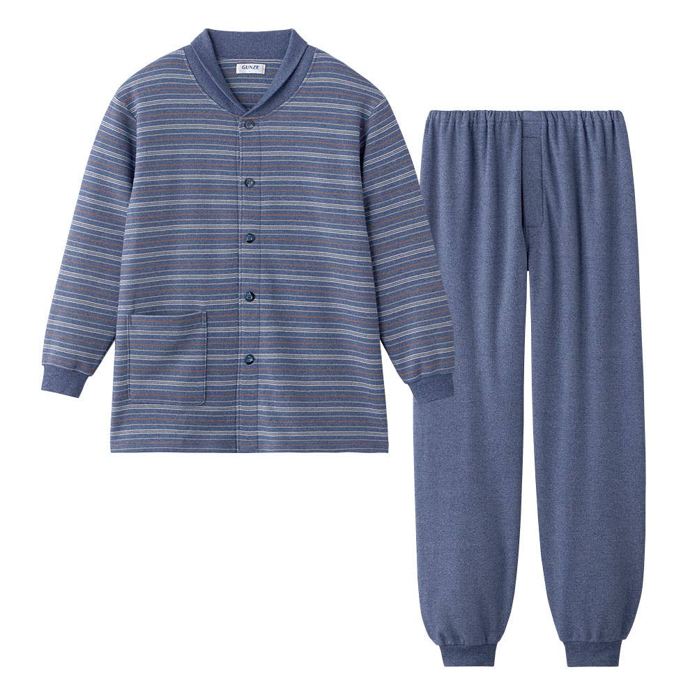 【極暖・まるで魔法瓶】裏起毛 長袖長パンツ ボーダー柄パジャマ【送料無料】 SG4305EC ブルー
