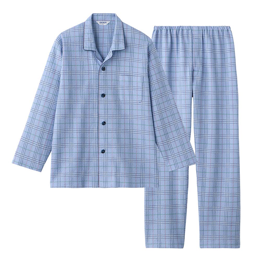 【京都捺染・綿混】ソフトキルト 長袖長パンツ テーラーパジャマ【送料無料】 SG4354 ブルー