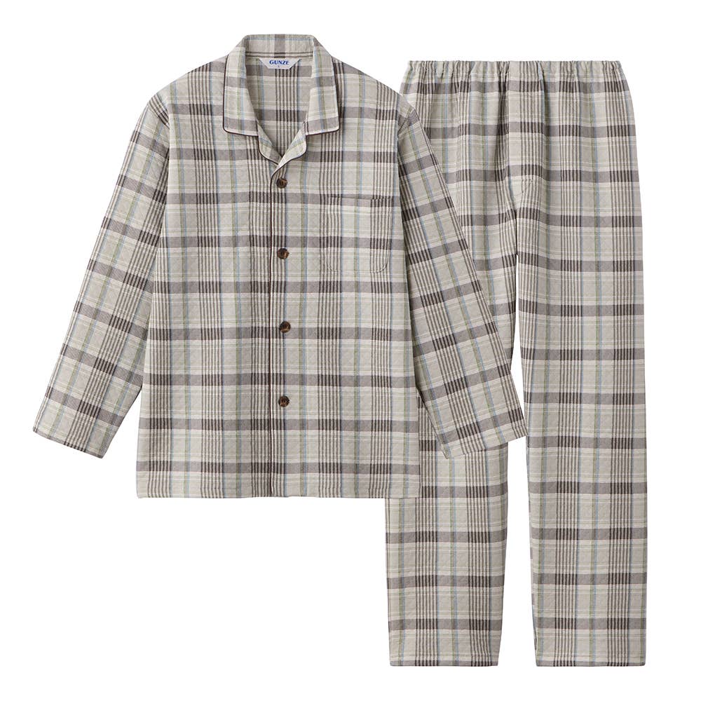 【京都捺染・綿混】ダイヤ柄キルト 長袖長パンツ テーラー パジャマ【送料無料】 SG4363 ブラウン