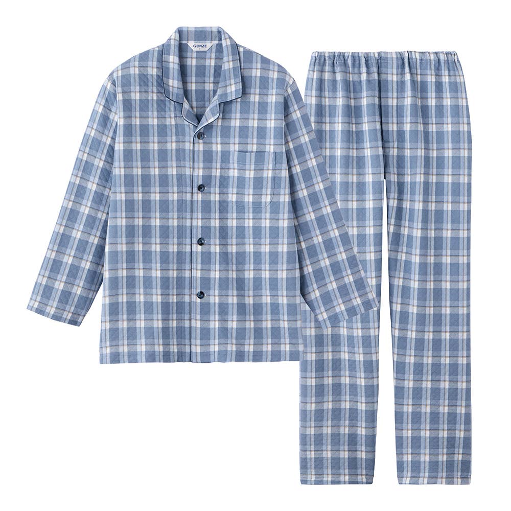 【京都捺染・綿混】ダイヤキルト 長袖長パンツ テーラーパジャマ【送料無料】 SG4375 ブルー