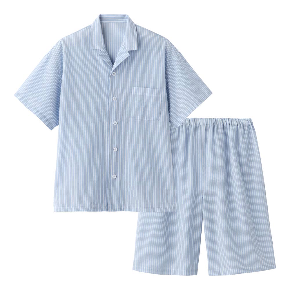 【アセドロン】綿混 背中メッシュ 半袖5分丈パンツ パジャマ SL1006 サックス