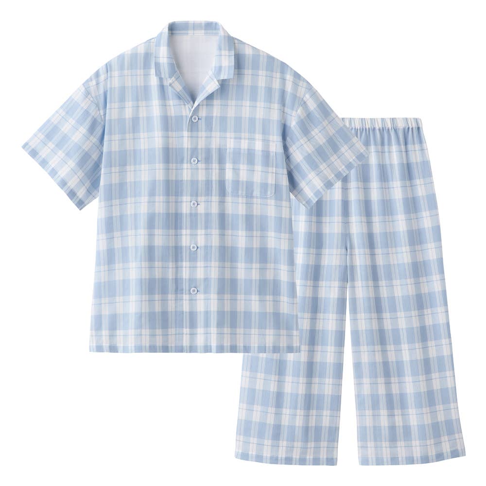 【アセドロン】本体 綿100% クレープ 背中重ね布付き 半袖7分丈パンツ パジャマ SL1036 サックス