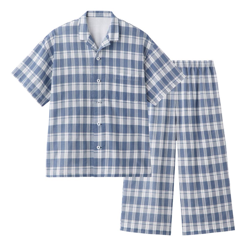 【アセドロン】本体 綿100% クレープ 背中重ね布付き 半袖7分丈パンツ パジャマ SL1036 ネービーブルー