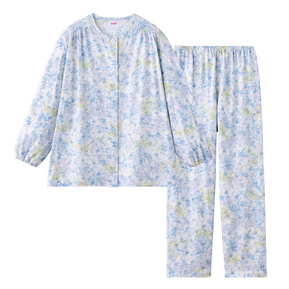 【京都捺染】綿100% 天竺 長袖長パンツ パジャマ【送料無料】 TG2226EC サックス